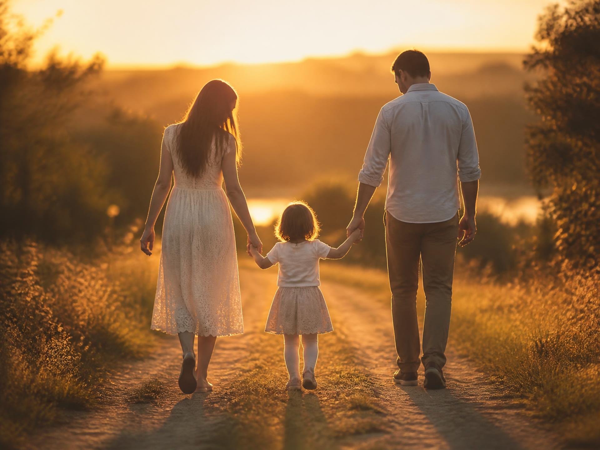 Familie hält Händchen im warmen Sonnenlicht